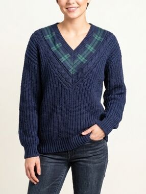 Erika Classics Tartan Plaid Navy Blue Ribbed Fisherman V-Neck Sweater - Medium